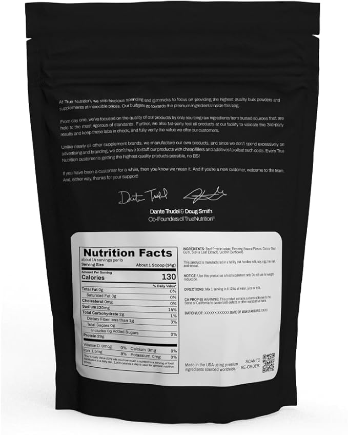 True Nutrition Grass Fed Beef Protein Powder Isolate - 29g of Paleo, Keto, Carnivore Beef Protein per Serving - Zero Carb, Fat Free, Gluten Free, Dairy Free, Soy Free - Chocolate - 2lb