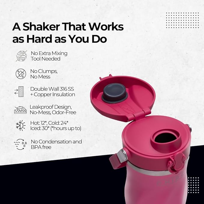 Shaker Bottle for Protein Mixes – Double Wall Stainless Steel, For Shakes, Water, Smoothies, Cocktails –Leak-Proof, 26oz, Copper-Insulated Blender Cup, BPA-Free No Mixing Tools Needed, (Pink)