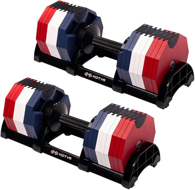 Decabell 580 Adjustable Dumbbells - Motv8 Decabell 580s, 5lbs - 80lbs Adjustable Free Weight Nuobell Style Dumbbell for Men and Women - Strength Training and Fitness (Pair of 2 Dumbbells)