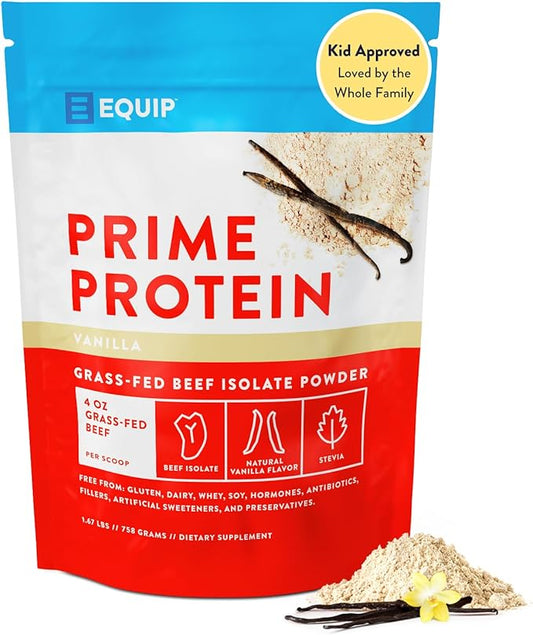 Equip Foods Prime Protein Powder | Clean, Grass Fed Beef Protein Powder | Carnivore Protein Isolate | Paleo, Keto Friendly | Gluten & Dairy Free | Helps Build & Repair Tissue | 30 Servings, Vanilla