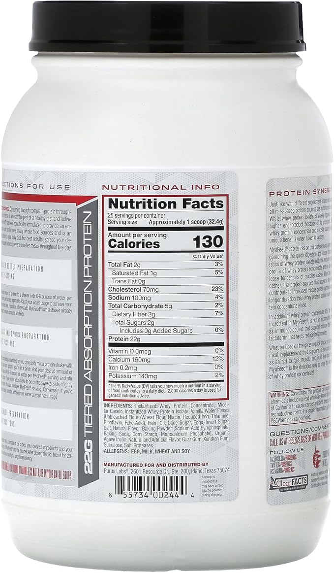 Purus Labs Myofeed Blended Protein | Ultra Filtered Whey Isolate & Concentrate | Soluble Fiber & Digestive Enzymes | 25 Servings (Homemade Vanilla Wafer)