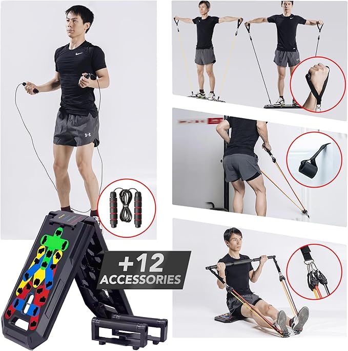 Push Up Board - Portable Multifunction All-in-One Fitness Accessories, Includes Resistance Bands & Pull Up Band, Durable Workout Board for Home Gym, Great Chest Workout Equipment