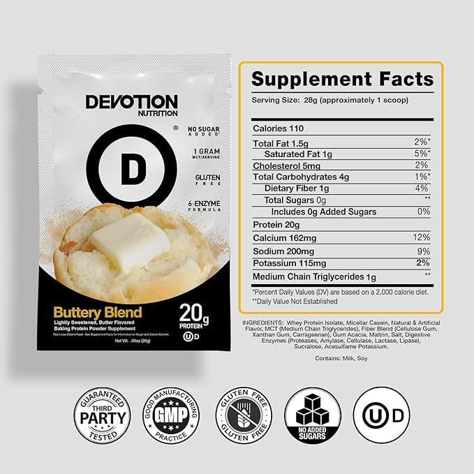 Devotion Nutrition Protein Powder Blend | Gluten Free, Keto Friendly, No Added Sugars | 1g MCT | 20g Whey & Micellar Protein | 12 Single Serving Packets (Buttery Blend)