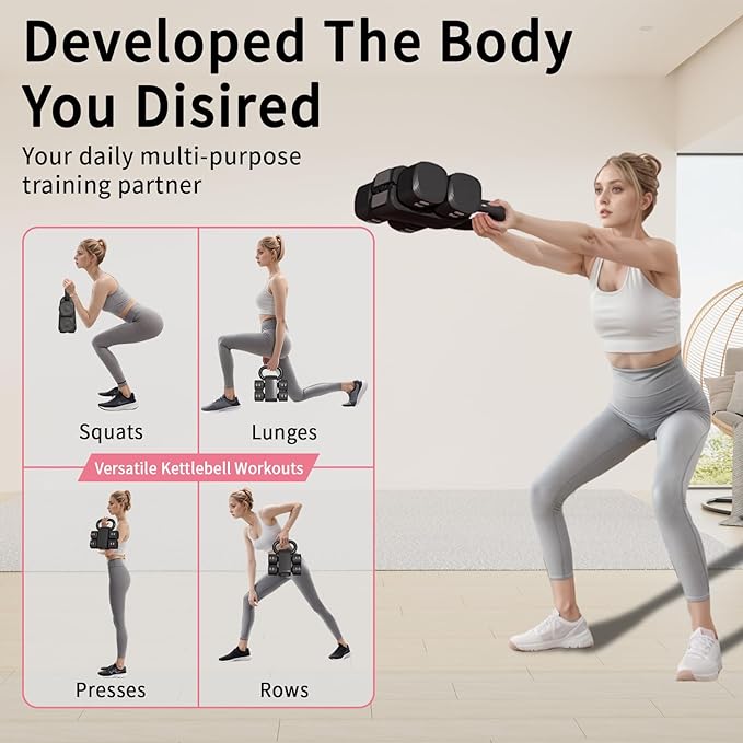 Adjustable Kettlebell Set, 4-in-1 Free Weight Kettlebell sets (5.5lbs 7.7lbs 9.9lbs 12.1lbs) for women, Weight Dumbbell Set of 2 for Home Gym Fitness Training