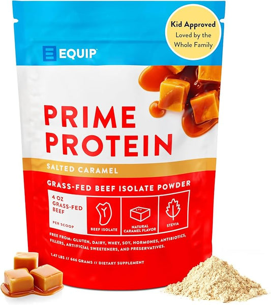 Equip Foods Prime Protein Powder | Clean, Grass Fed Beef Protein Powder, Carnivore Protein Isolate | Paleo, Keto Friendly, Gluten & Dairy Free, Helps Build & Repair Tissue| 30 Servings, Salted Caramel