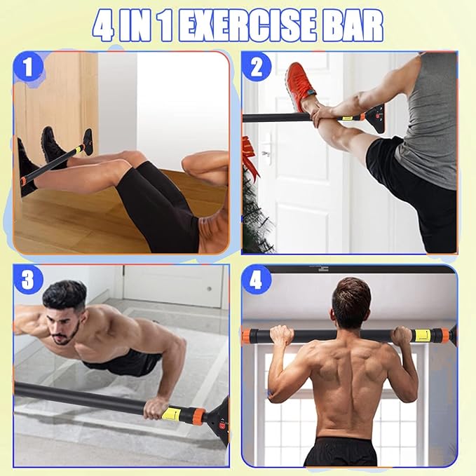 Adjustable Pull Up Bar for Doorway - 440LBS Weight Capacity, No Screws Installation with Level Meter and Auto Lock, Chin Up Bar for Home Gym Strength Training