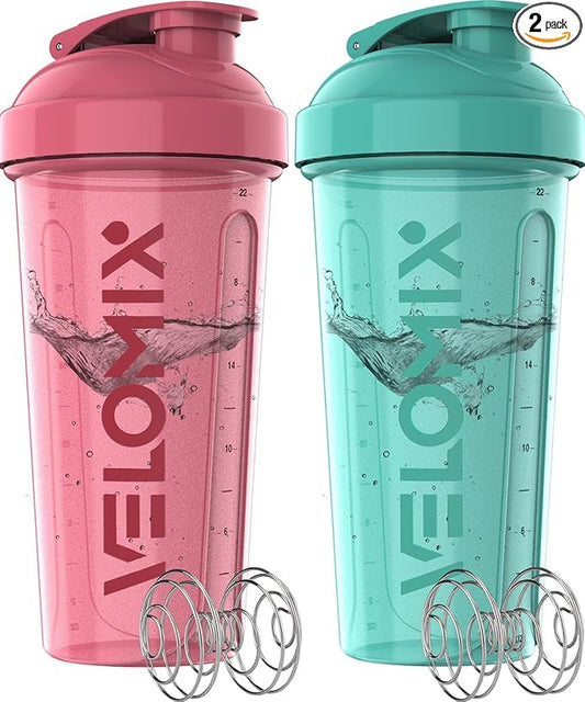 -2 Pack- 28 oz Protein Shaker Bottles for Protein Mixes - 2x Wire Whisk | Leak Proof Shaker Cups for Protein Shakes | Protein Shaker Bottle Pack (Pink/Turquise)