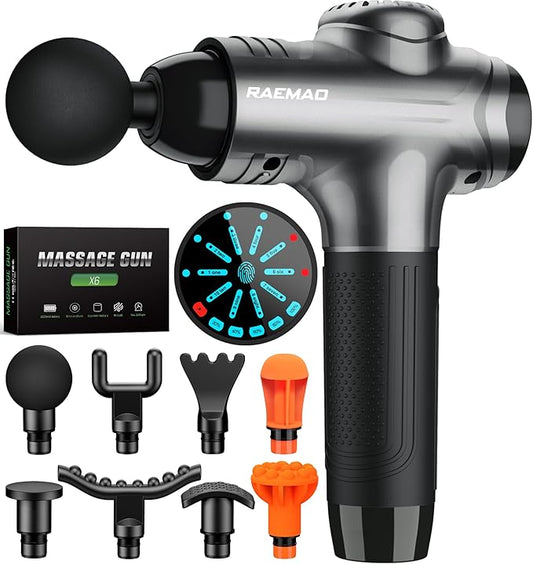 RAEMAO Massage Gun, Massage Gun Deep Tissue, Back Massage Gun for Athletes for Pain Relief Attaching 10 PCS Replacement Heads, Percussion Massager with 10 Speeds & LED Screen, Grey