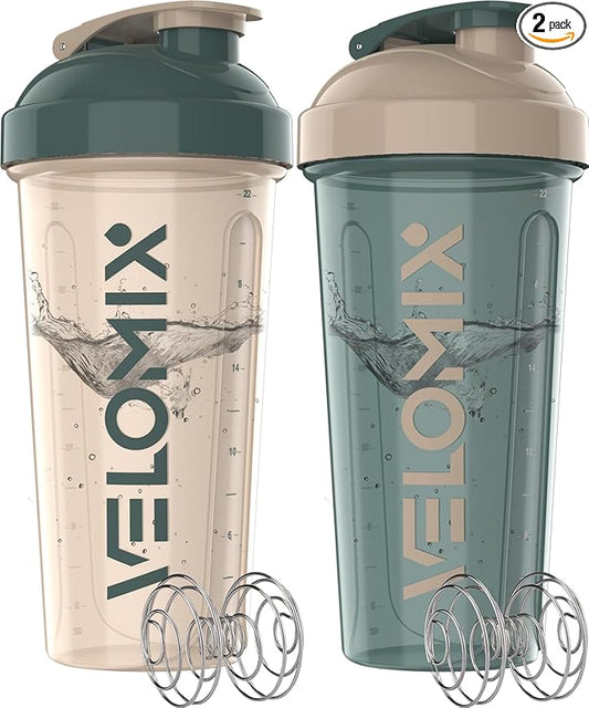 -2 Pack- 28 oz Protein Shaker Bottles for Protein Mixes - 2x Wire Whisk | Leak Proof Shaker Cups for Protein Shakes | Protein Shaker Bottle Pack | Shakers for Protein Shakes-Blue&Beige