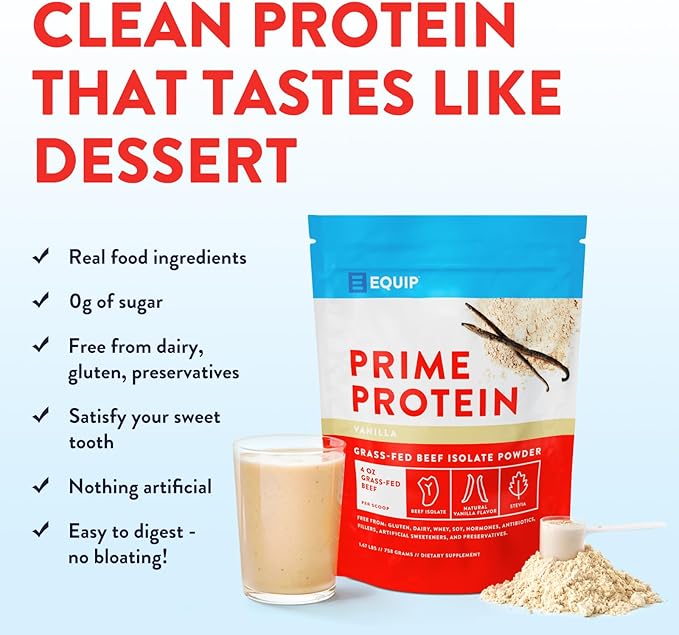 Equip Foods Prime Protein Powder | Clean, Grass Fed Beef Protein Powder | Carnivore Protein Isolate | Paleo, Keto Friendly | Gluten & Dairy Free | Helps Build & Repair Tissue | 30 Servings, Vanilla