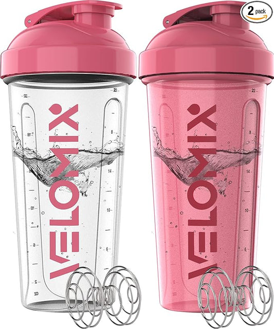 -2 Pack- 28 oz Protein Shaker Bottles for Protein Mixes - 2x Wire Whisk | Leak Proof Shaker Cups for Protein Shakes | Protein Shaker Bottle Pack (Pink/Transparent)