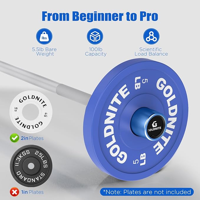 5.5LB Mini Barbell Bar 4Ft for Beginners Women & Kids-100LB Capacity Lightweight Weightlifting Bar- Multi-Color for 2-Inch Weight Plates Total Body Workout Strength Training Home Gym