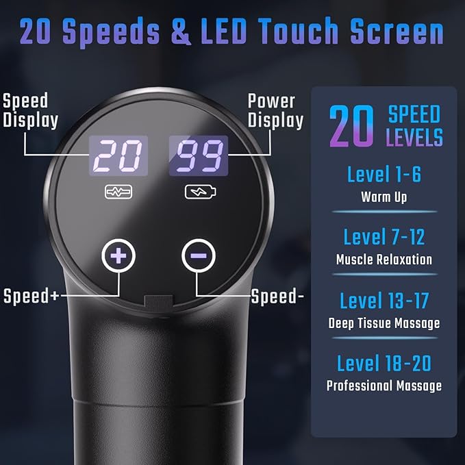cotsoco Massage Gun Deep Tissue, Muscle Massage Gun with 9 Attachment Heads 20 Speeds & Silent Brushless Motor for Pain Relief, Handheld Percussion Back Massager Gun for Athletes(Black)
