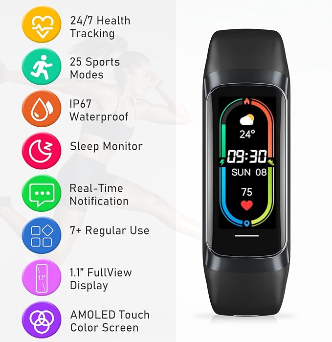 Fitness Tracker with 24/7Heart Rate, Blood Pressure, Sleep Tracking, Calorie, Activity Tracker with 1.1" AMOLED Color Screen, Waterproof Step Tracker for Android iPhones Women Men