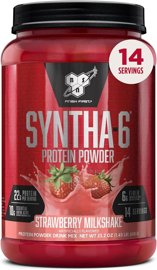 BSN SYNTHA-6 Premium Protein Powder with 6g of Fiber, Whey Protein, Micellar Casein, Milk Protein Isolate Blend, 5g Fat, Strawberry Milkshake, 14 Servings (Packaging May Vary)