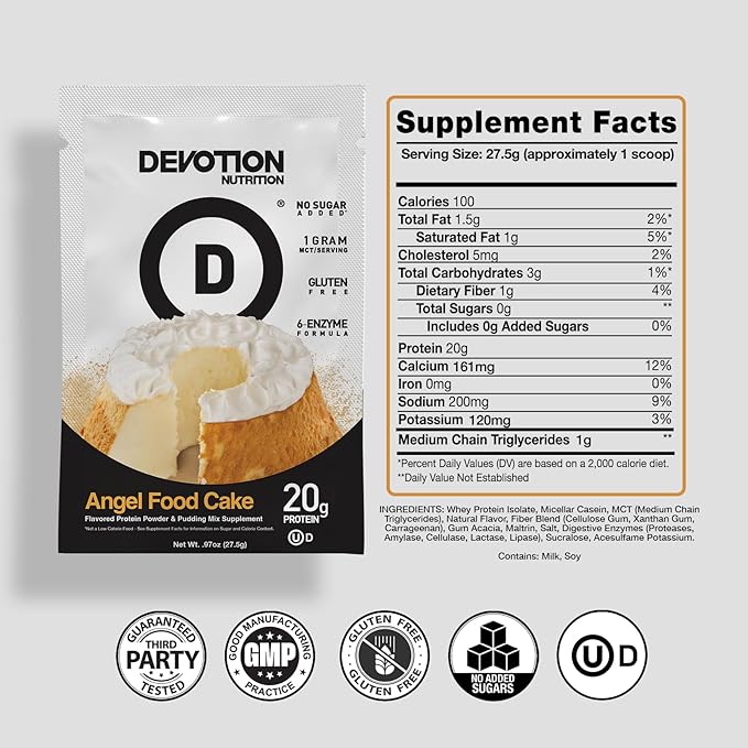 Devotion Nutrition Protein Powder Blend | Gluten Free, Keto Friendly, No Added Sugars | 1g MCT | 20g Whey & Micellar Protein | 12 Single Serving Packets (Angel Food Cake)