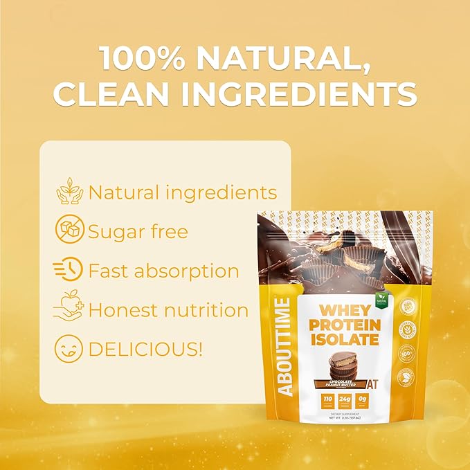 About Time Whey Protein Isolate Powder 24g Chocolate Peanut Butter, Natural Ingredients, Non-GMO, Gluten-Free, Lactose-Free, Zero Sugar, Low Carb, 32 Servings