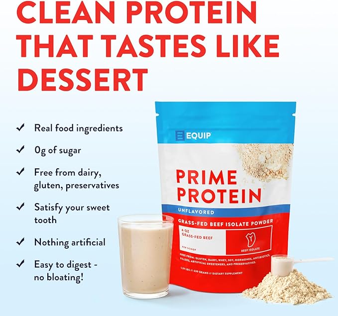 Equip Foods Prime Protein Powder | Clean, Grass Fed Beef Protein Powder | Carnivore Protein Isolate | Paleo, Keto Friendly | Gluten & Dairy Free | Helps Build & Repair Tissue | 30 Servings, Unflavored