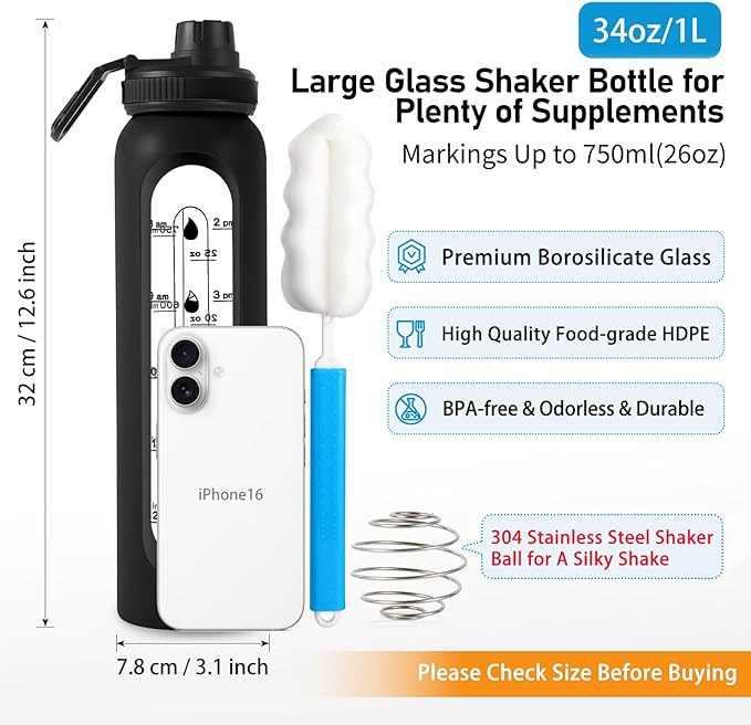 Glass Shaker Bottle 34oz/1L White Glass Protein Shaker Bottle With Shaker Ball Large Shaker Bottles for Protein Mixes Portable Powder Mixer Blender Water Bottle for Gym Workout Sports