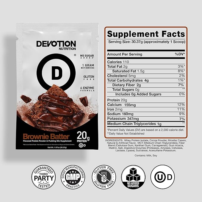Devotion Nutrition Protein Powder Blend | Gluten Free, Keto Friendly, No Added Sugars | 1g MCT | 20g Whey & Micellar Protein | 12 Single Serving Packets (Brownie Batter)