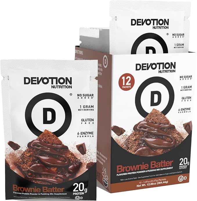 Devotion Nutrition Protein Powder Blend | Gluten Free, Keto Friendly, No Added Sugars | 1g MCT | 20g Whey & Micellar Protein | 12 Single Serving Packets (Brownie Batter)
