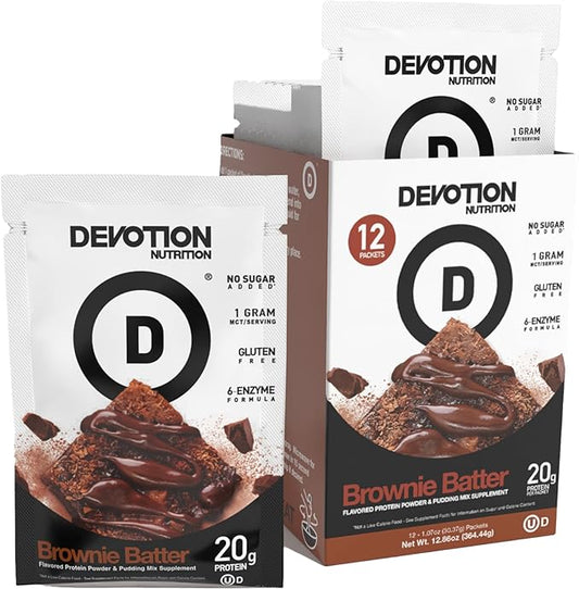 Devotion Nutrition Protein Powder Blend | Gluten Free, Keto Friendly, No Added Sugars | 1g MCT | 20g Whey & Micellar Protein | 12 Single Serving Packets (Brownie Batter)