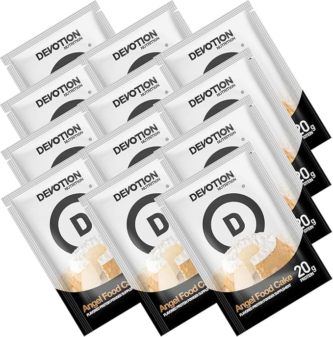 Devotion Nutrition Protein Powder Blend | Gluten Free, Keto Friendly, No Added Sugars | 1g MCT | 20g Whey & Micellar Protein | 12 Single Serving Packets (Angel Food Cake)