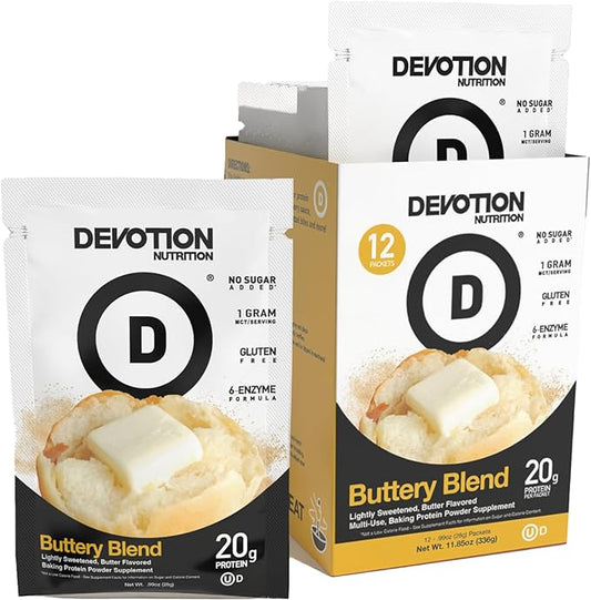 Devotion Nutrition Protein Powder Blend | Gluten Free, Keto Friendly, No Added Sugars | 1g MCT | 20g Whey & Micellar Protein | 12 Single Serving Packets (Buttery Blend)