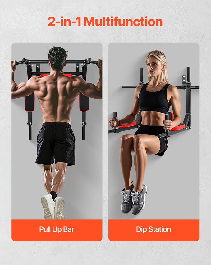VEVOR Multifunctional Pull Up Bar, Wall Mounted Chin Up Bar Dip Station for Home Gym, Heavy Duty Steel Upper Body Workout Pull Ups, Power Tower Set Training Equipment Fitness, 440 lbs Weight Capacity