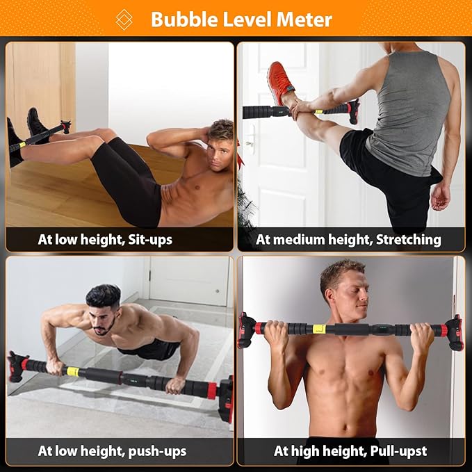 Adjustable Pull Up Bar for Doorway - 440LBS Weight Capacity, No Screws Installation with Level Meter and Auto Lock, Chin Up Bar for Home Gym Strength Training