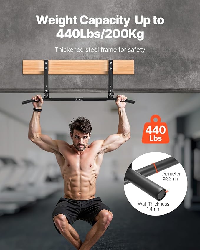 VEVOR Joist Mount Pull Up Bar, Ceiling Mounted Chin Up Bar for Home Gym, Multi-Grip Pull Ups, 42 in Width Multifunctional Training Station, Heavy Duty Steel Upper Body Workout Bars, 440 lbs Capacity