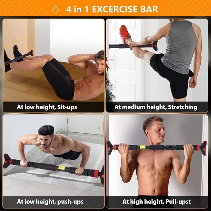Adjustable Pull Up Bar for Doorway - 440LBS Weight Capacity, No Screws Installation with Level Meter and Auto Lock, Chin Up Bar for Home Gym Strength Training