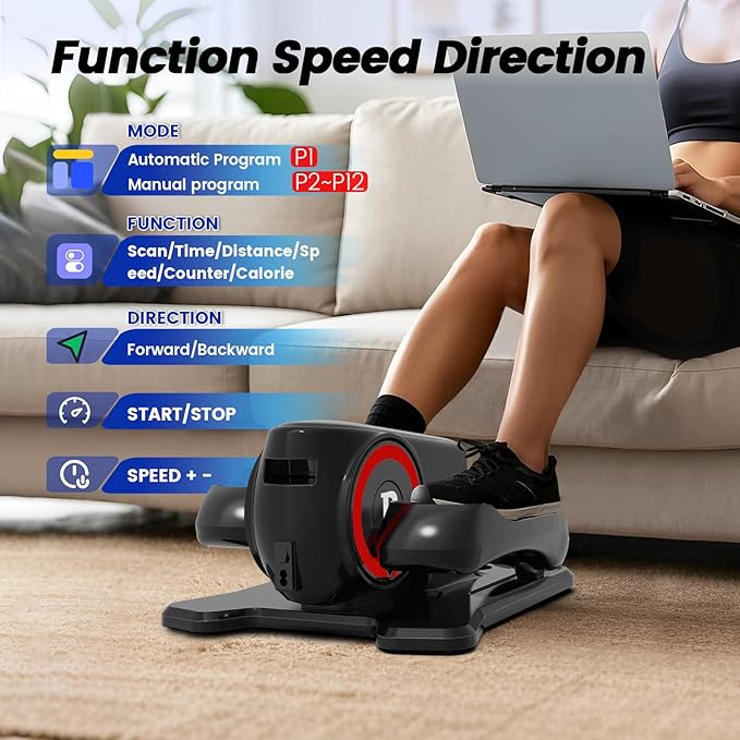 Under Desk Elliptical Machine, Elliptical Leg Exerciser with Bluetooth Speaker, 12 Adjustable Speeds, Auto & Manual Modes, Remote Control & LCD Touchscreen Ideal for Seniors
