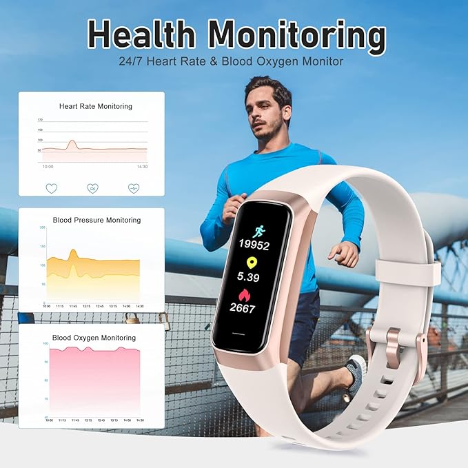 Fitness Tracker with 24/7 Heart Rate, Blood Oxygen Blood Pressure Sleep Monitor, Activity Trackers 5 ATM Waterproof,Step Calorie Counter Pedometer Health Smart Watch for Women Men Beige