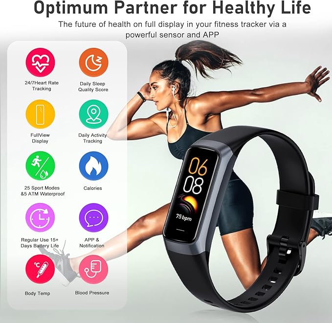Fitness Tracker with 24/7 Heart Rate, Blood Oxygen Blood Pressure Sleep Monitor, Activity Trackers 5 ATM Waterproof,Step Calorie Counter Pedometer Health Smart Watch for Women Men (Black)