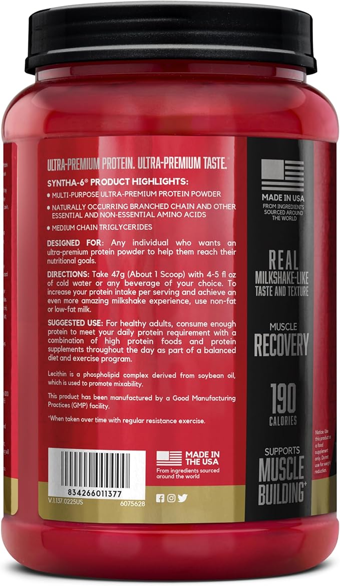 BSN SYNTHA-6 Premium Protein Powder with 6g of Fiber, Whey Protein, Micellar Casein, Milk Protein Isolate Blend, 5g Fat, Vanilla Ice Cream, 14 Servings (Packaging May Vary)