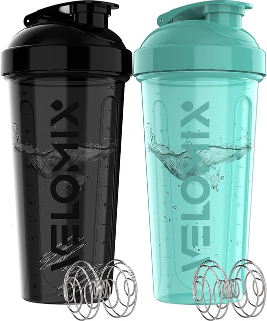 -2 Pack- 28 oz Protein Shaker Bottles for Protein Mixes - 2x Wire Whisk | Leak Proof Shaker Cups for Protein Shakes | Protein Shaker Bottle Pack (Black/Turquoise)