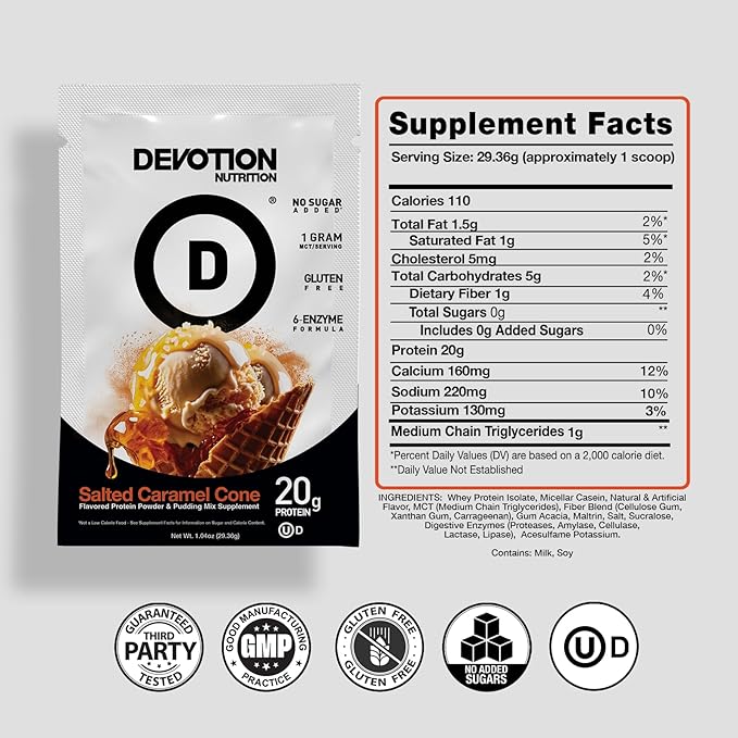 Devotion Nutrition Protein Powder Blend | Gluten Free, Keto Friendly, No Added Sugars | 1g MCT | 20g Whey & Micellar Protein | 12 Count Packets (Salted Caramel Cone)