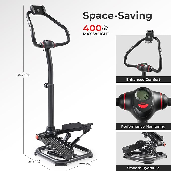 Sunny Health & Fitness 2-in-1 Premium Power Stepper with 400lbs Weight Capacity and Resistance Bands, Low-Impact Cardio, Space-Saving, Height-Adjustable, with Bluetooth and Free SunnyFit App