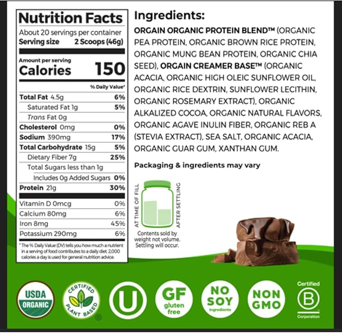 Orgain Organic Vegan Protein Powder, Vanilla Bean + Chocolate Fudge - 21g Plant Based Protein (2.03 Lb Each)