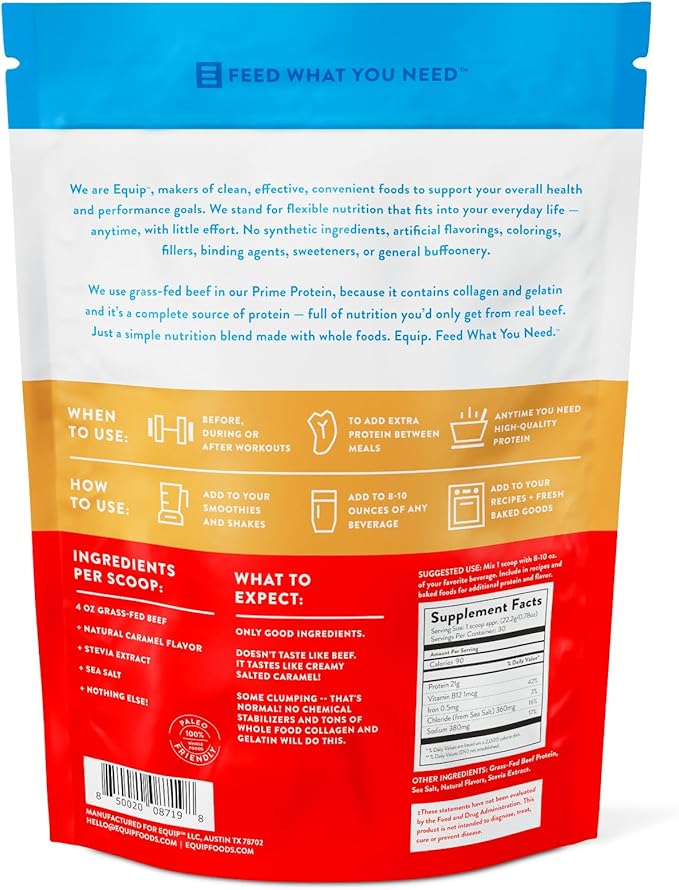 Equip Foods Prime Protein Powder | Clean, Grass Fed Beef Protein Powder, Carnivore Protein Isolate | Paleo, Keto Friendly, Gluten & Dairy Free, Helps Build & Repair Tissue| 30 Servings, Salted Caramel