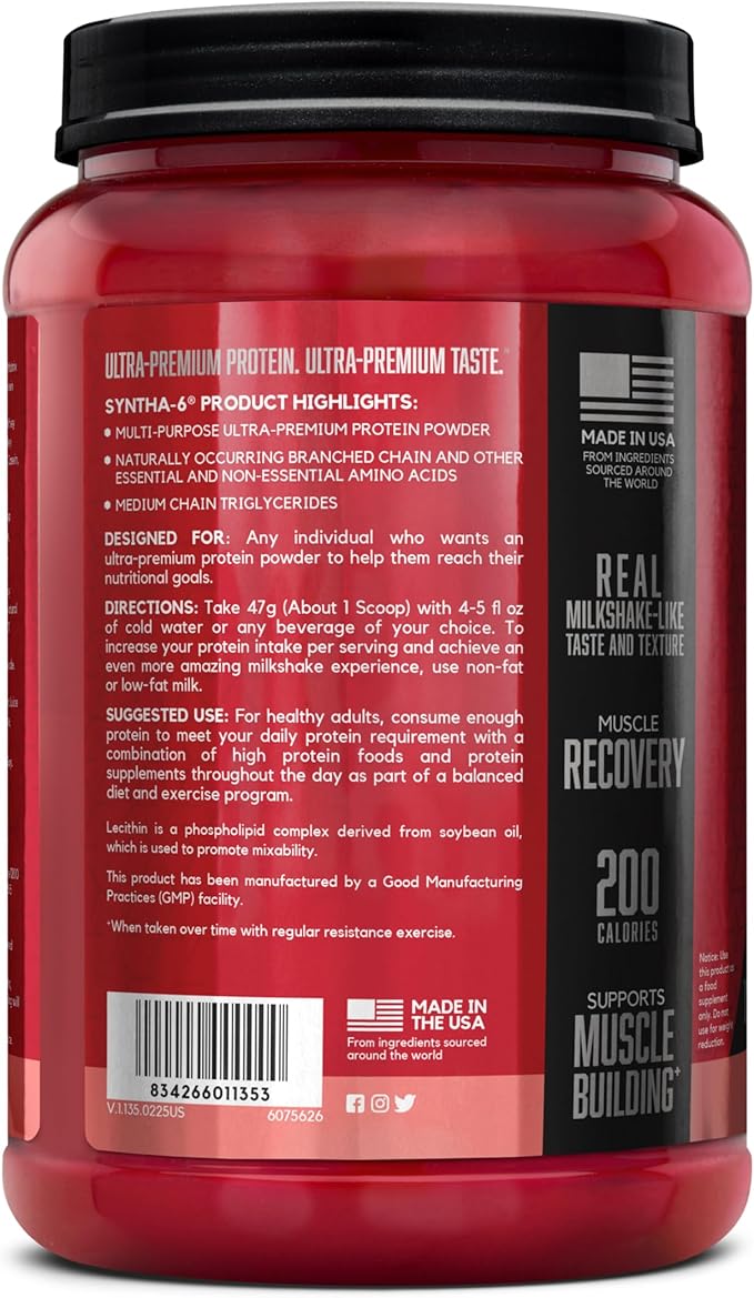 BSN SYNTHA-6 Premium Protein Powder with 6g of Fiber, Whey Protein, Micellar Casein, Milk Protein Isolate Blend, 5g Fat, Strawberry Milkshake, 14 Servings (Packaging May Vary)