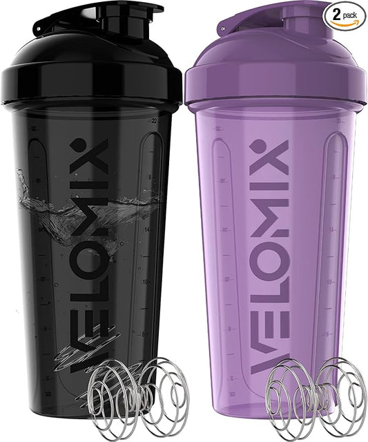 -2 Pack- 28 oz Protein Shaker Bottles for Protein Mixes - 2x Wire Whisk | Leak Proof Shaker Cups for Protein Shakes | Protein Shaker Bottle Pack | Shakers for Protein Shakes-Purple&Black