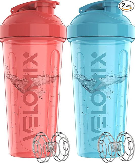 -2 Pack- 28 oz Protein Shaker Bottles for Protein Mixes - 2x Wire Whisk | Leak Proof Shaker Cups for Protein Shakes and Pre Workout | Protein Shaker Bottle Pack (Blue/Pink)