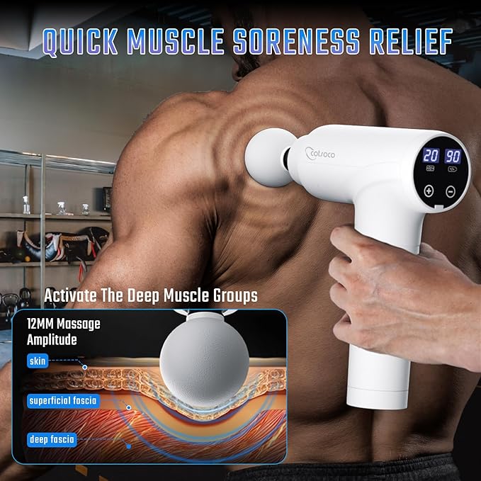 cotsoco Massage Gun Deep Tissue, Muscle Massage Gun with 9 Attachment Heads 20 Speeds & Silent Brushless Motor for Pain Relief, Handheld Percussion Back Massager Gun for Athletes(White)