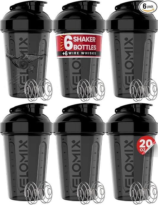 -6 PACK- Shaker Cups for Protein Shakes 20 oz - 6x Wire Whisk | Leak Proof Protein Shaker Bottle for Protein Shakes, Shaker Bottle Pack for Pre & Post Workout, Shaker Cup (ALL IN BLACK)