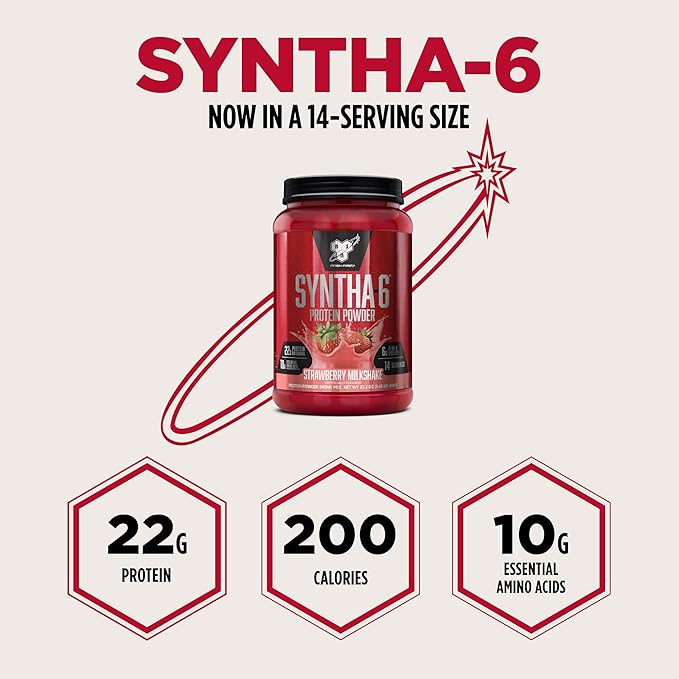 BSN SYNTHA-6 Premium Protein Powder with 6g of Fiber, Whey Protein, Micellar Casein, Milk Protein Isolate Blend, 5g Fat, Strawberry Milkshake, 14 Servings (Packaging May Vary)