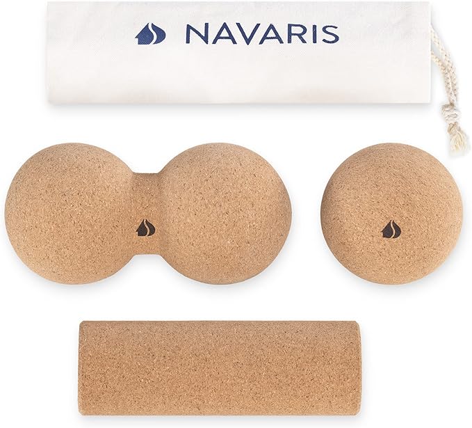 Navaris Cork Massage Roller Ball Set (3 Pieces) - Includes Cork Peanut Roller, Cork Massage Ball, Cork Mini Roller - Rollers for Back and Muscles