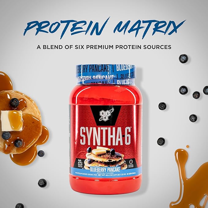 BSN SYNTHA-6 Premium Protein Powder with 6g of Fiber, Whey Protein, Micellar Casein, Milk Protein Isolate Blend, 5g Fat, Blueberry Pancake, 28 Servings (Packaging May Vary)
