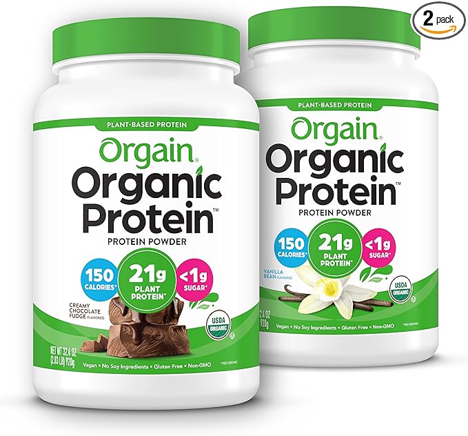 Orgain Organic Vegan Protein Powder, Vanilla Bean + Chocolate Fudge - 21g Plant Based Protein (2.03 Lb Each)